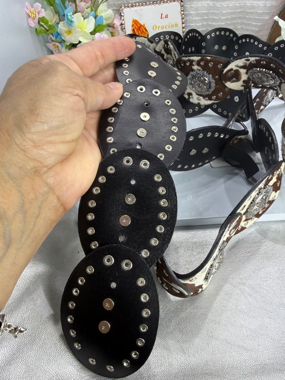 (H) Zara cow-print leather belt, size 32(1)-34(1) (shell style) New without tags - Picture 10 of 13